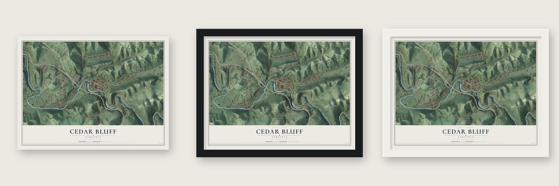 Cedar Bluff, Virginia map unframed, in a black wood frame and in a white wood frame
