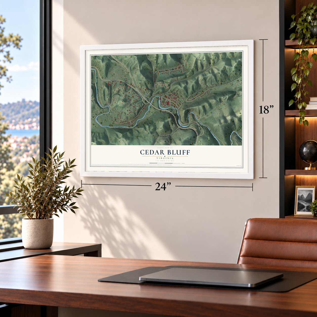 Cedar Bluff, Virginia map, 18 x 24 inch print in a white frame in a home office