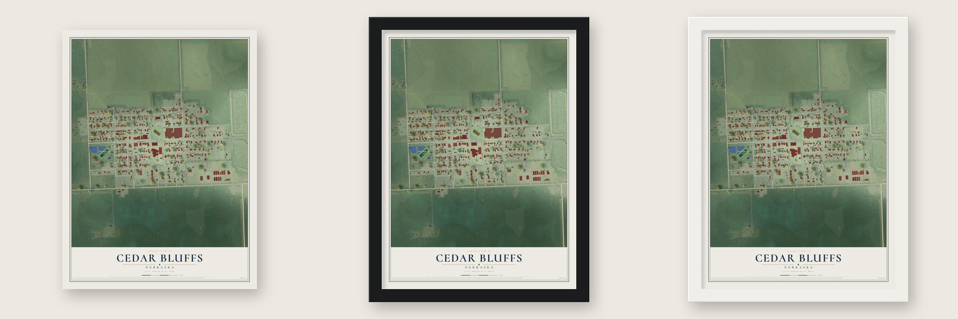 Cedar Bluffs, Nebraska map unframed, in a black wood frame and in a white wood frame