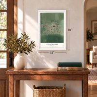 Cedar Bluffs, Nebraska map, 12 x 18 inch print in a white frame in an entryway