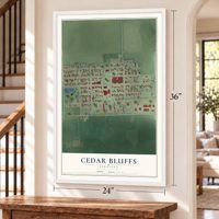 Cedar Bluffs, Nebraska map, 24 x 36 inch print in a white frame by a staircase