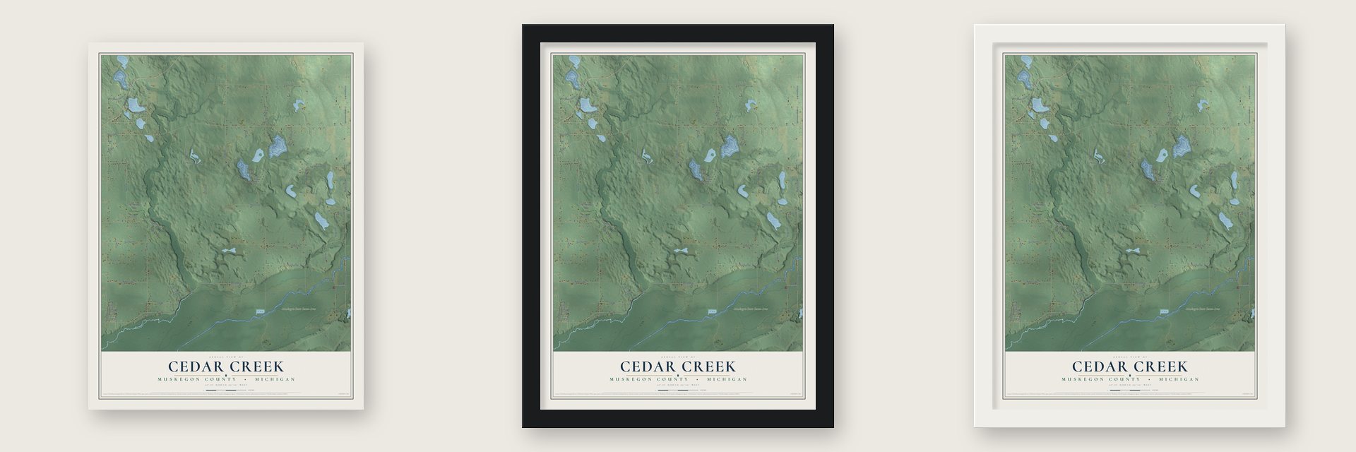 Cedar Creek, Muskegon County, Michigan map unframed, in a black wood frame and in a white wood frame