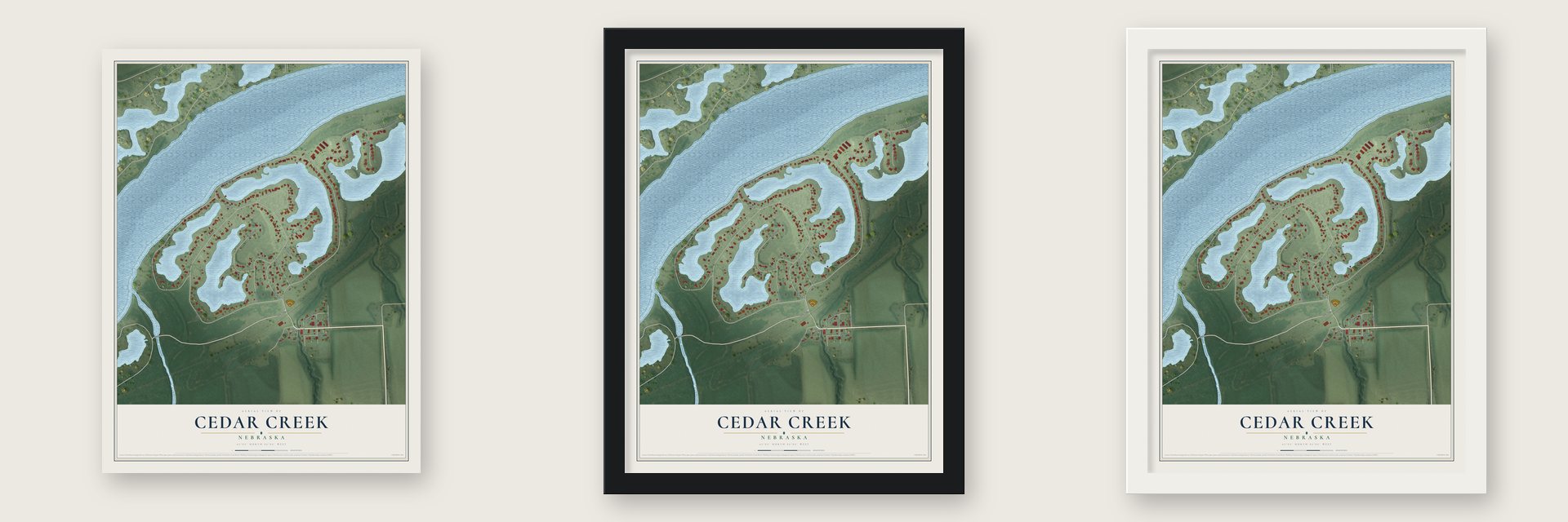 Cedar Creek, Nebraska map unframed, in a black wood frame and in a white wood frame