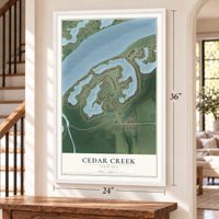 Cedar Creek, Nebraska map, 24 x 36 inch print in a white frame by a staircase