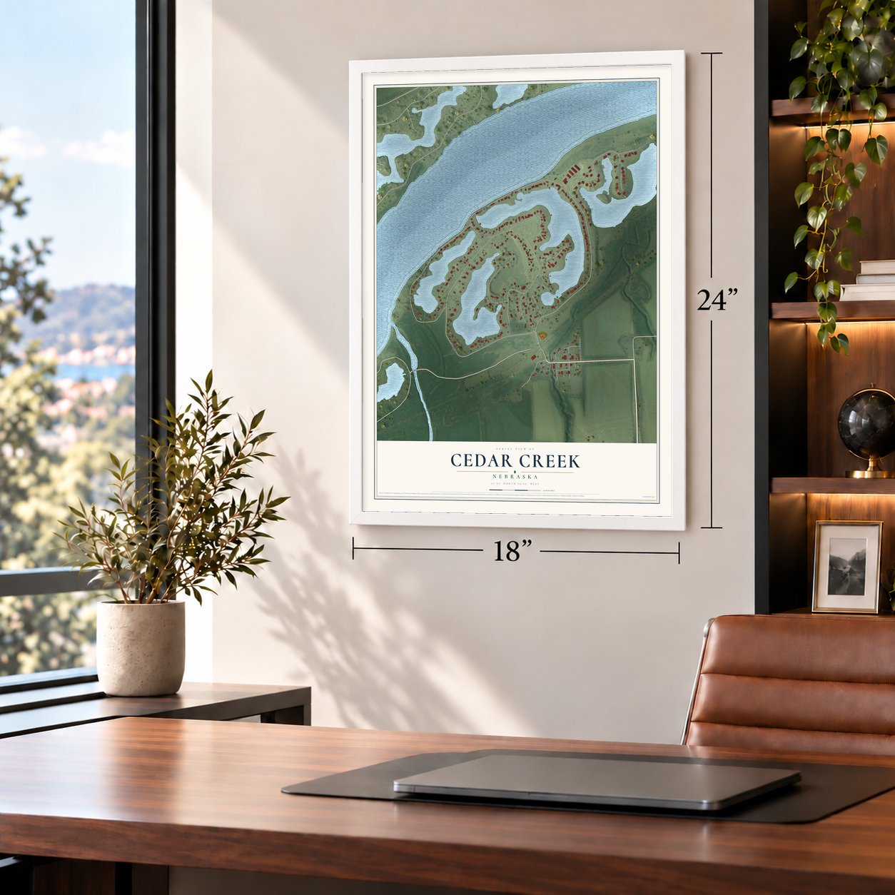 Cedar Creek, Nebraska map, 18 x 24 inch print in a white frame in a home office