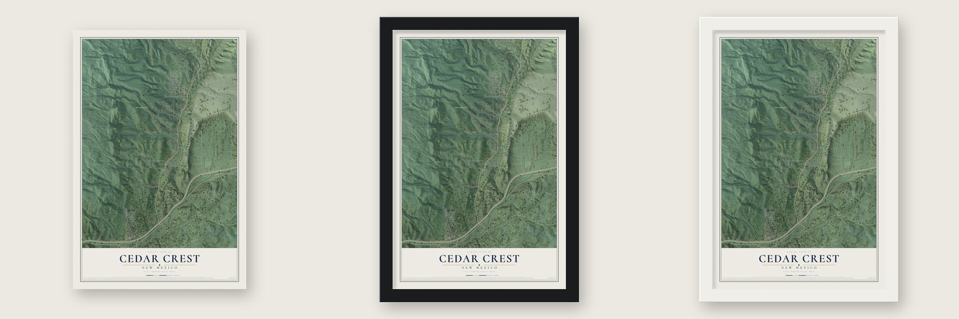 Cedar Crest, New Mexico map unframed, in a black wood frame and in a white wood frame
