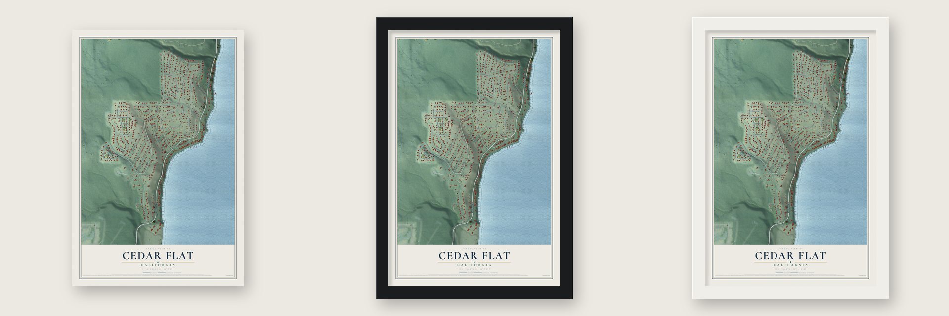 Cedar Flat, California map unframed, in a black wood frame and in a white wood frame