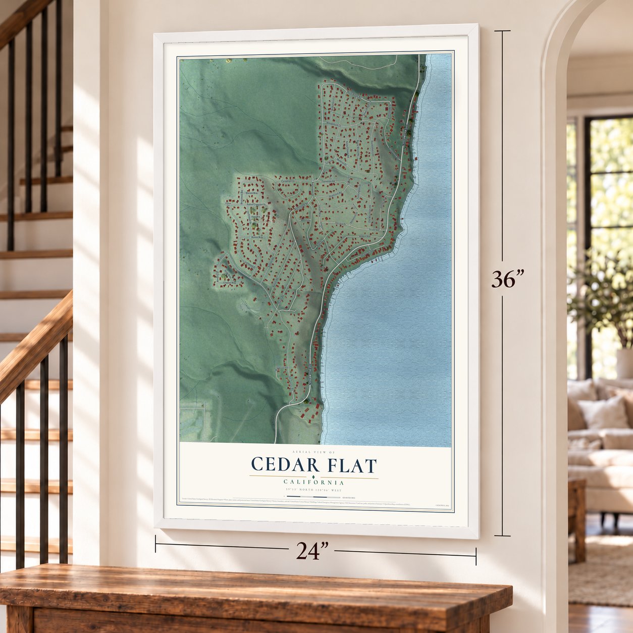 Cedar Flat, California map, 24 x 36 inch print in a white frame by a staircase