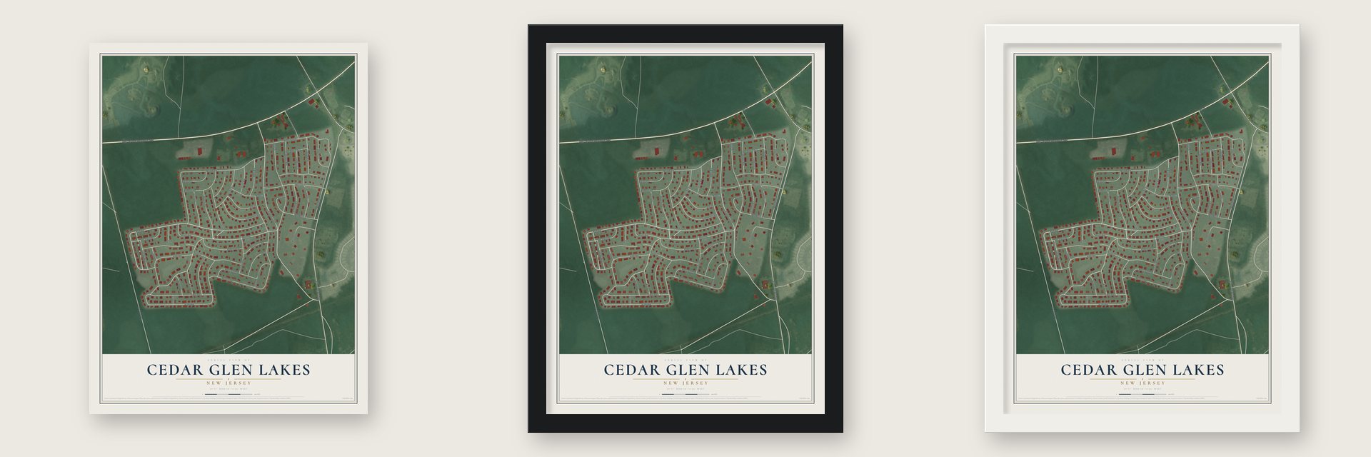 Cedar Glen Lakes, New Jersey map unframed, in a black wood frame and in a white wood frame