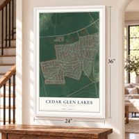 Cedar Glen Lakes, New Jersey map, 24 x 36 inch print in a white frame by a staircase