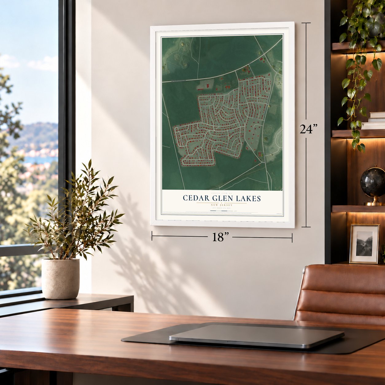 Cedar Glen Lakes, New Jersey map, 18 x 24 inch print in a white frame in a home office