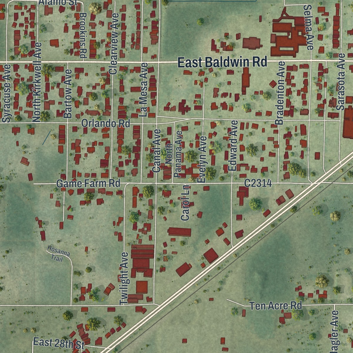 Second close-up of the map of Cedar Grove, Florida print showing more streets and buildings