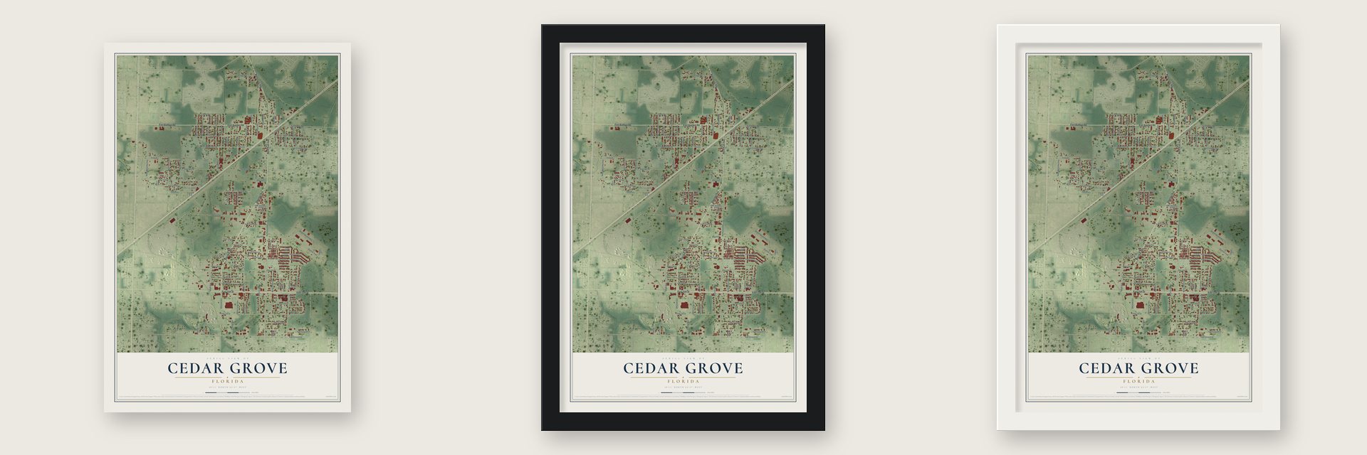 Cedar Grove, Florida map unframed, in a black wood frame and in a white wood frame
