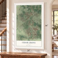 Cedar Grove, Florida map, 24 x 36 inch print in a white frame by a staircase