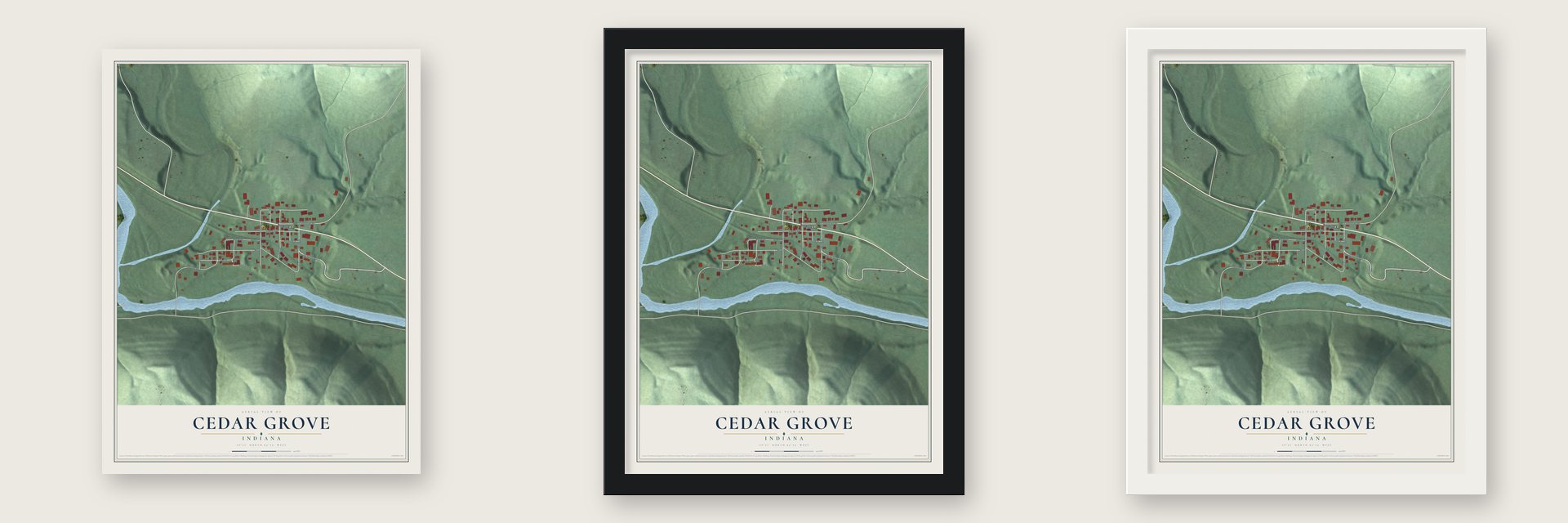 Cedar Grove, Indiana map unframed, in a black wood frame and in a white wood frame