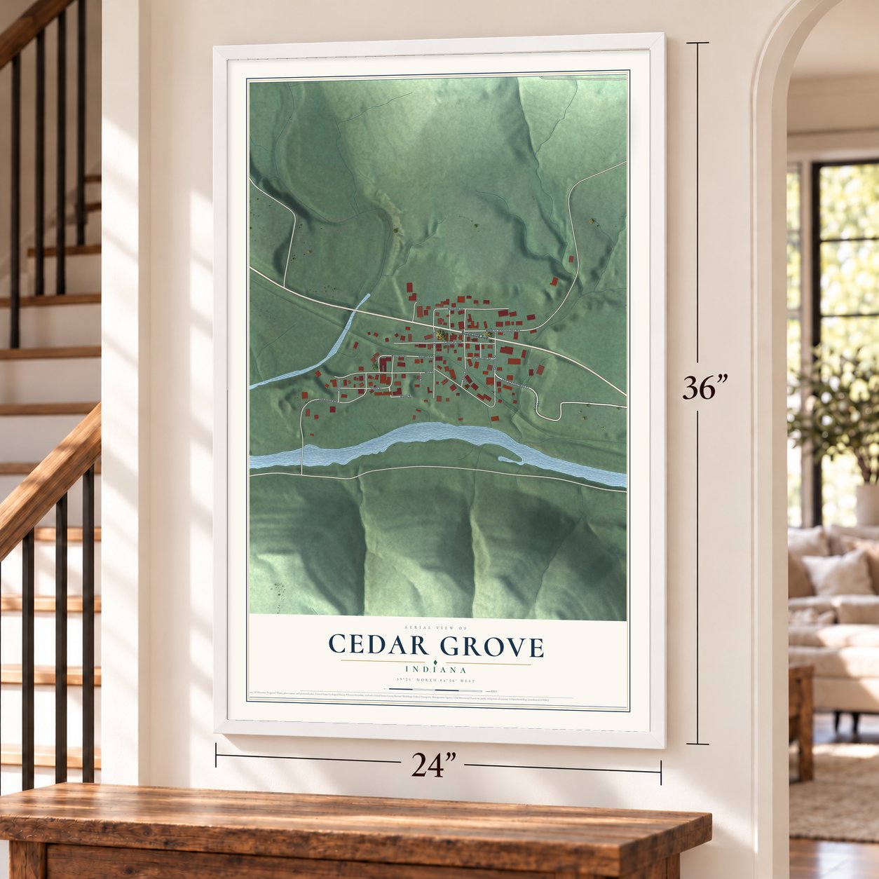 Cedar Grove, Indiana map, 24 x 36 inch print in a white frame by a staircase
