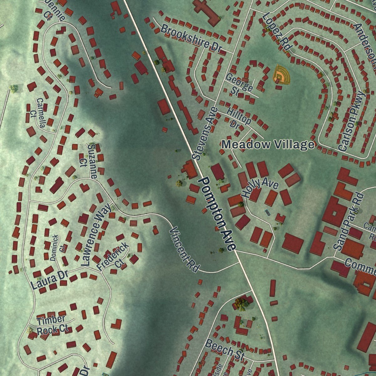Second close-up of the map of Cedar Grove, New Jersey print showing more streets and buildings