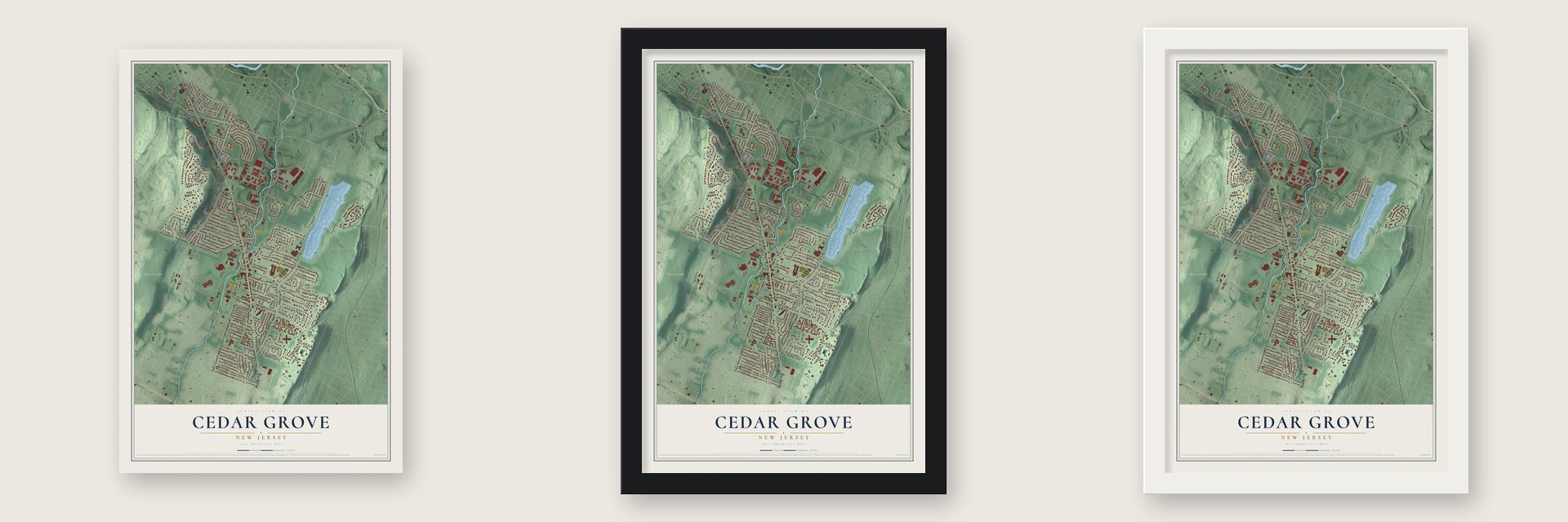Cedar Grove, New Jersey map unframed, in a black wood frame and in a white wood frame