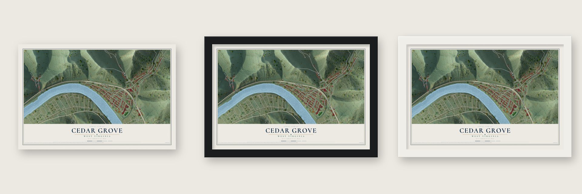 Cedar Grove, West Virginia map unframed, in a black wood frame and in a white wood frame