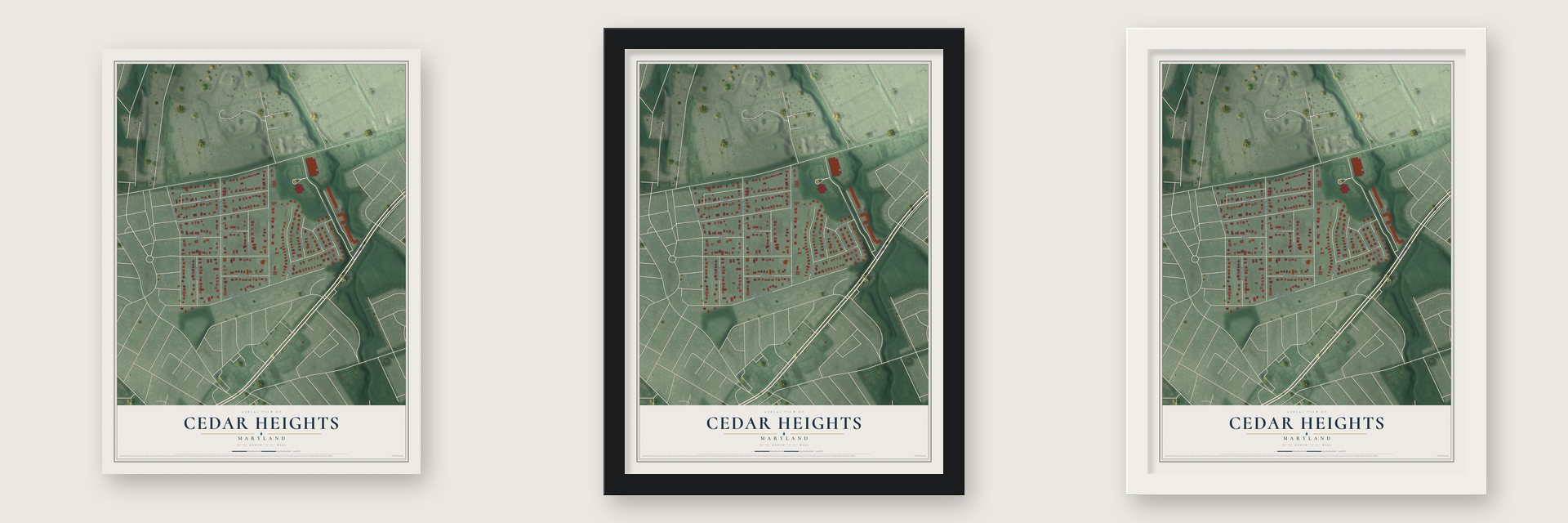 Cedar Heights, Maryland map unframed, in a black wood frame and in a white wood frame