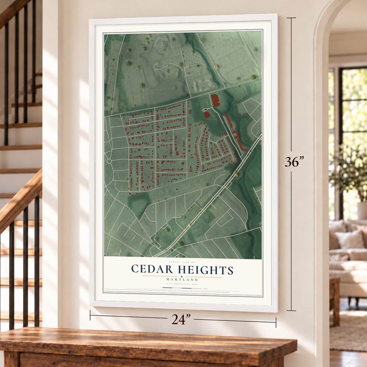 Cedar Heights, Maryland map, 24 x 36 inch print in a white frame by a staircase