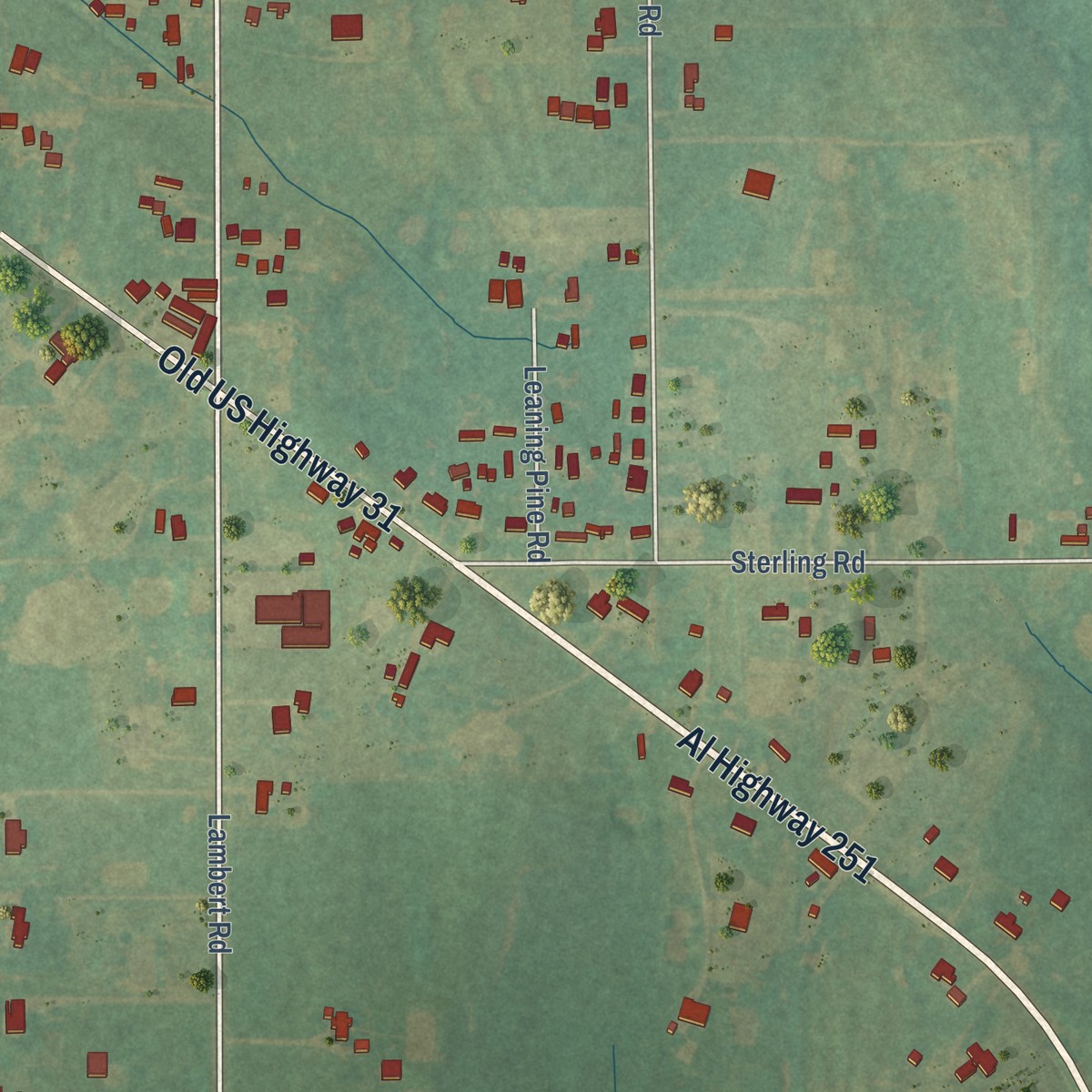 Second close-up of the map of Cedar Hill, Alabama print showing more streets and buildings