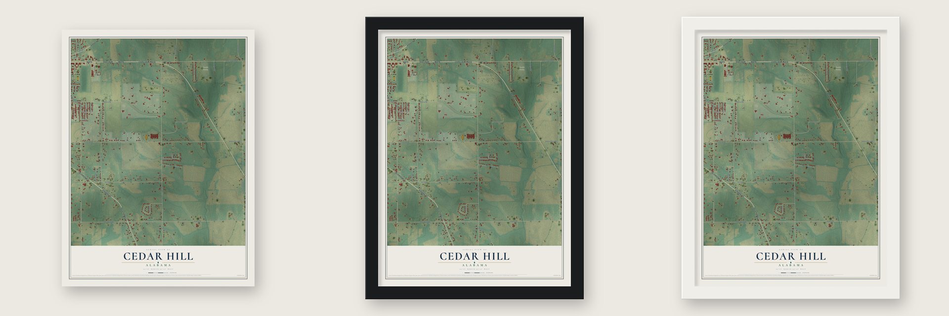 Cedar Hill, Alabama map unframed, in a black wood frame and in a white wood frame