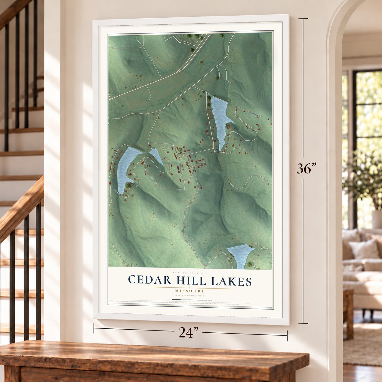 Cedar Hill Lakes, Missouri map, 24 x 36 inch print in a white frame by a staircase