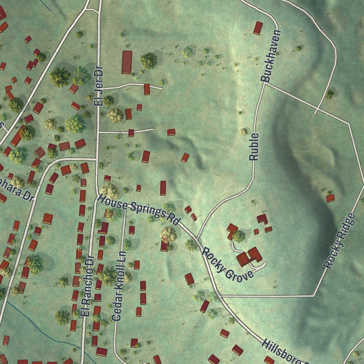 Second close-up of the map of Cedar Hill, Missouri print showing more streets and buildings