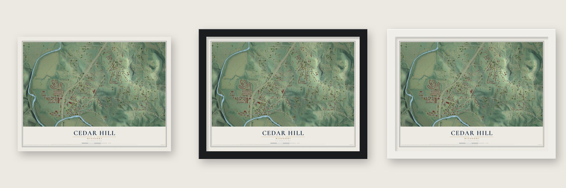 Cedar Hill, Missouri map unframed, in a black wood frame and in a white wood frame