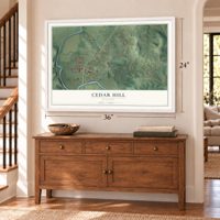 Cedar Hill, Missouri map, 24 x 36 inch print in a white frame above a dresser by a staircase