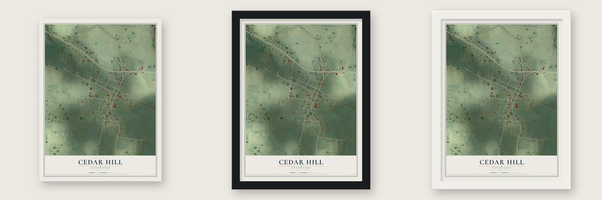 Cedar Hill, Tennessee map unframed, in a black wood frame and in a white wood frame