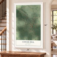 Cedar Hill, Tennessee map, 24 x 36 inch print in a white frame by a staircase