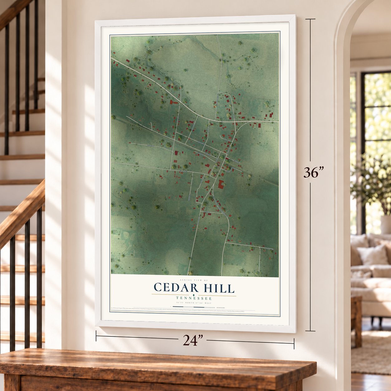 Cedar Hill, Tennessee map, 24 x 36 inch print in a white frame by a staircase