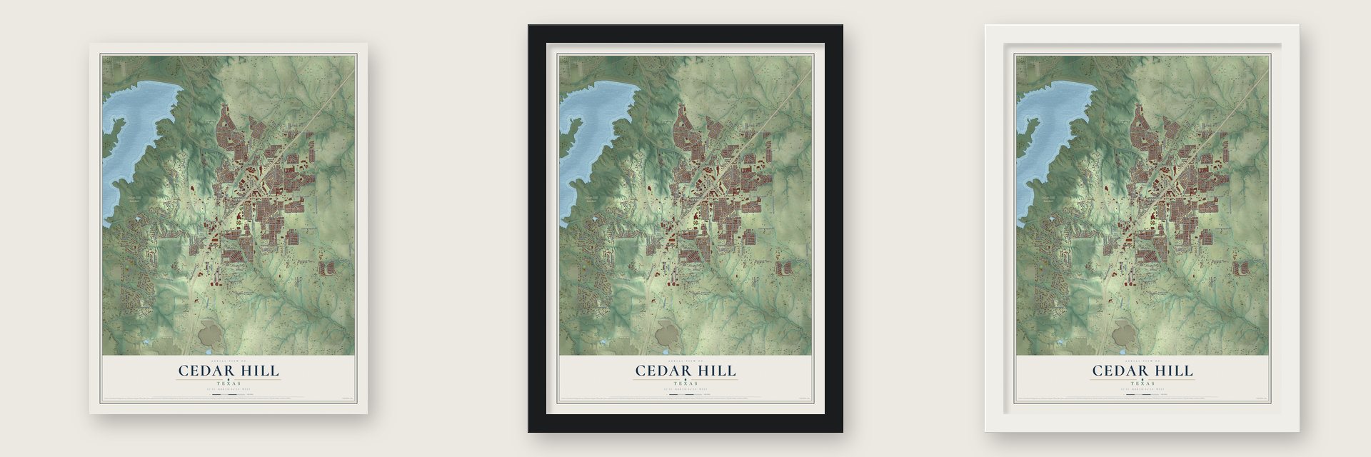 Cedar Hill, Texas map unframed, in a black wood frame and in a white wood frame
