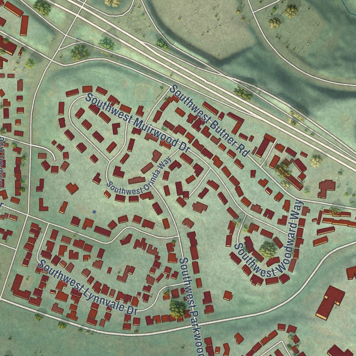 Second close-up of the map of Cedar Hills, Oregon print showing more streets and buildings