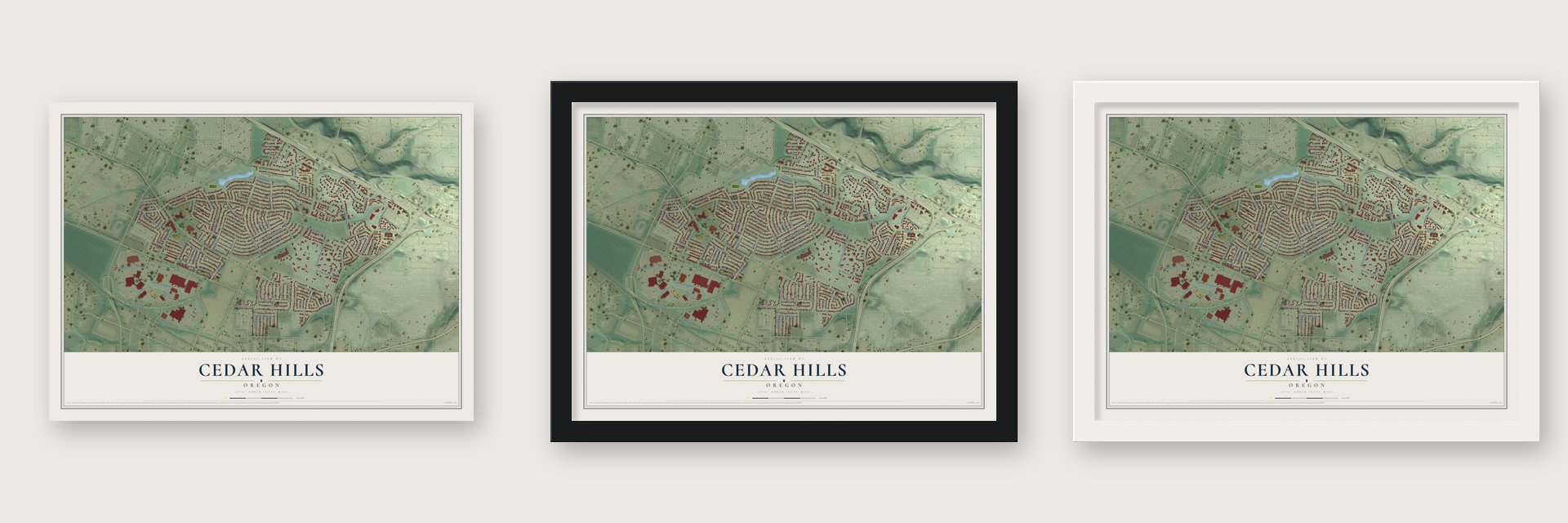 Cedar Hills, Oregon map unframed, in a black wood frame and in a white wood frame