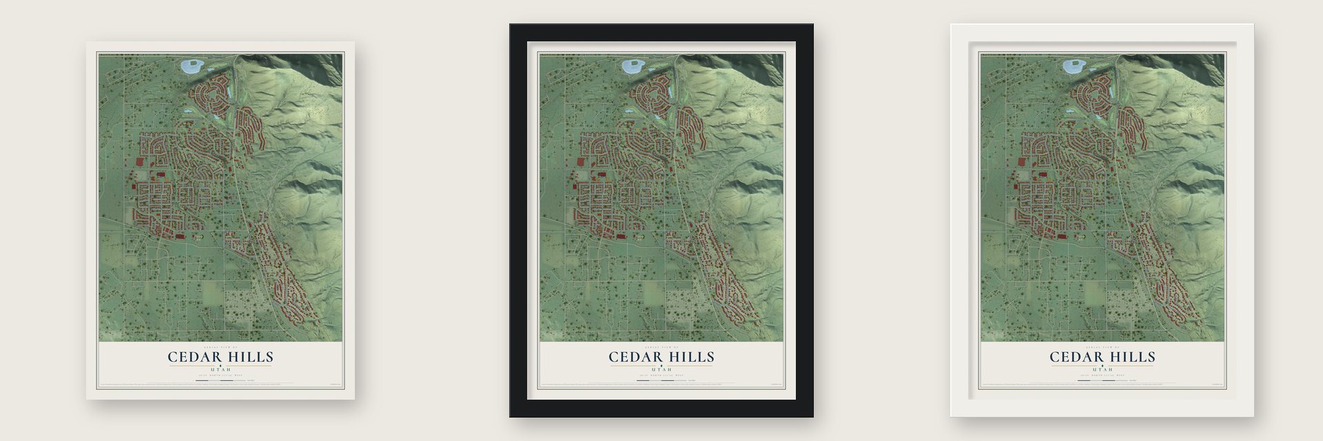 Cedar Hills, Utah map unframed, in a black wood frame and in a white wood frame