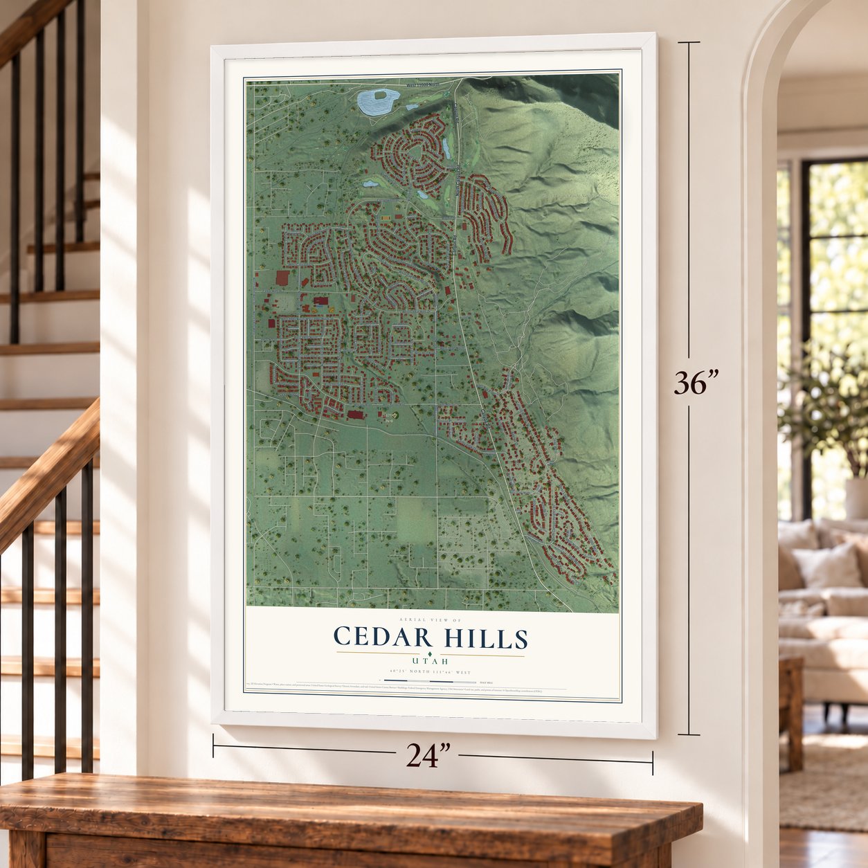 Cedar Hills, Utah map, 24 x 36 inch print in a white frame by a staircase