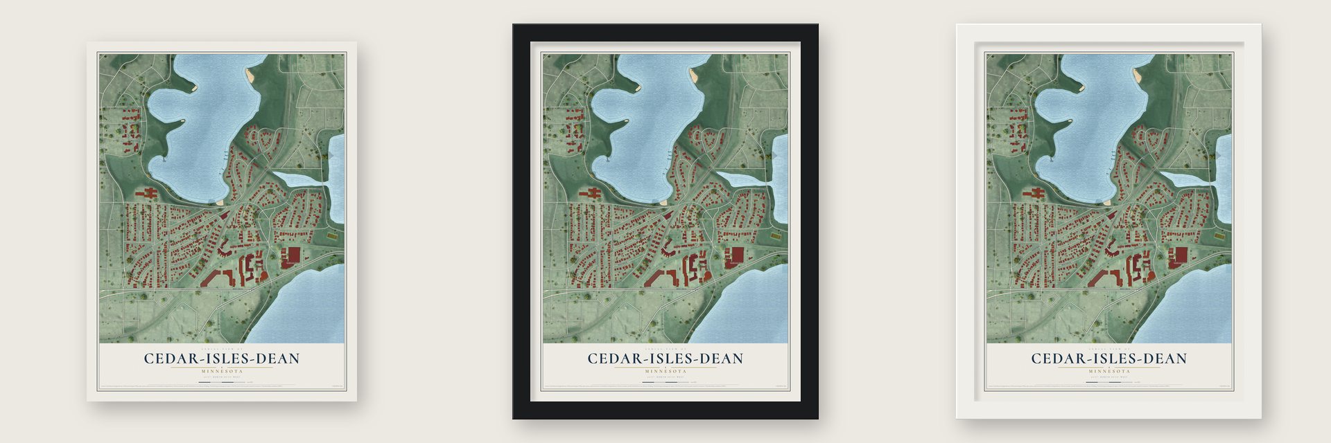 Cedar-Isles-Dean, Minnesota map unframed, in a black wood frame and in a white wood frame