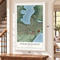 Cedar-Isles-Dean, Minnesota map, 24 x 36 inch print in a white frame by a staircase