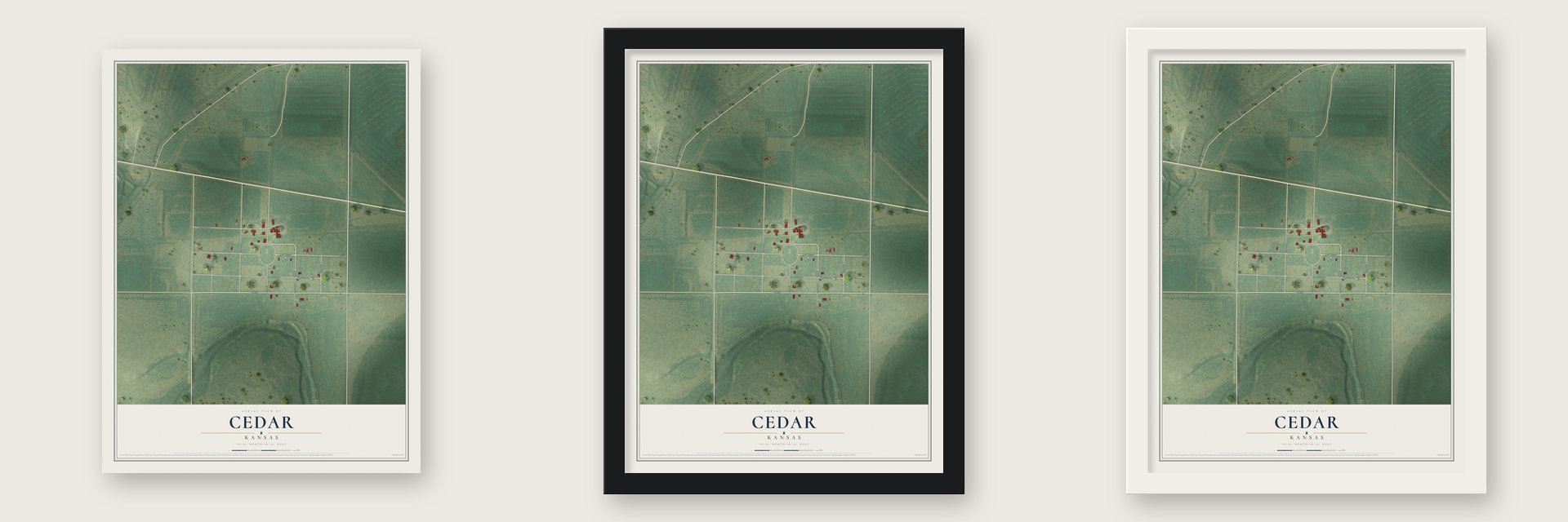 Cedar, Kansas map unframed, in a black wood frame and in a white wood frame