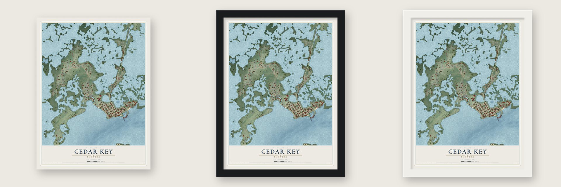 Cedar Key, Florida map unframed, in a black wood frame and in a white wood frame