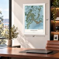 Cedar Key, Florida map, 18 x 24 inch print in a white frame in a home office