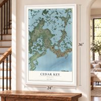 Cedar Key, Florida map, 24 x 36 inch print in a white frame by a staircase