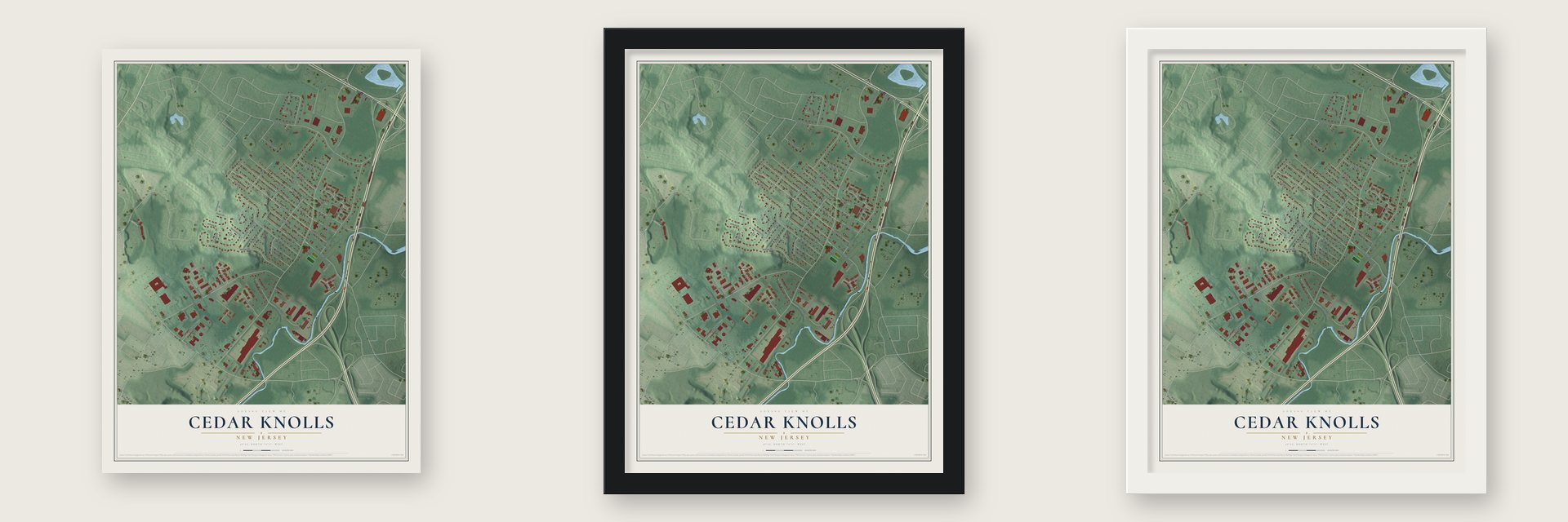 Cedar Knolls, New Jersey map unframed, in a black wood frame and in a white wood frame