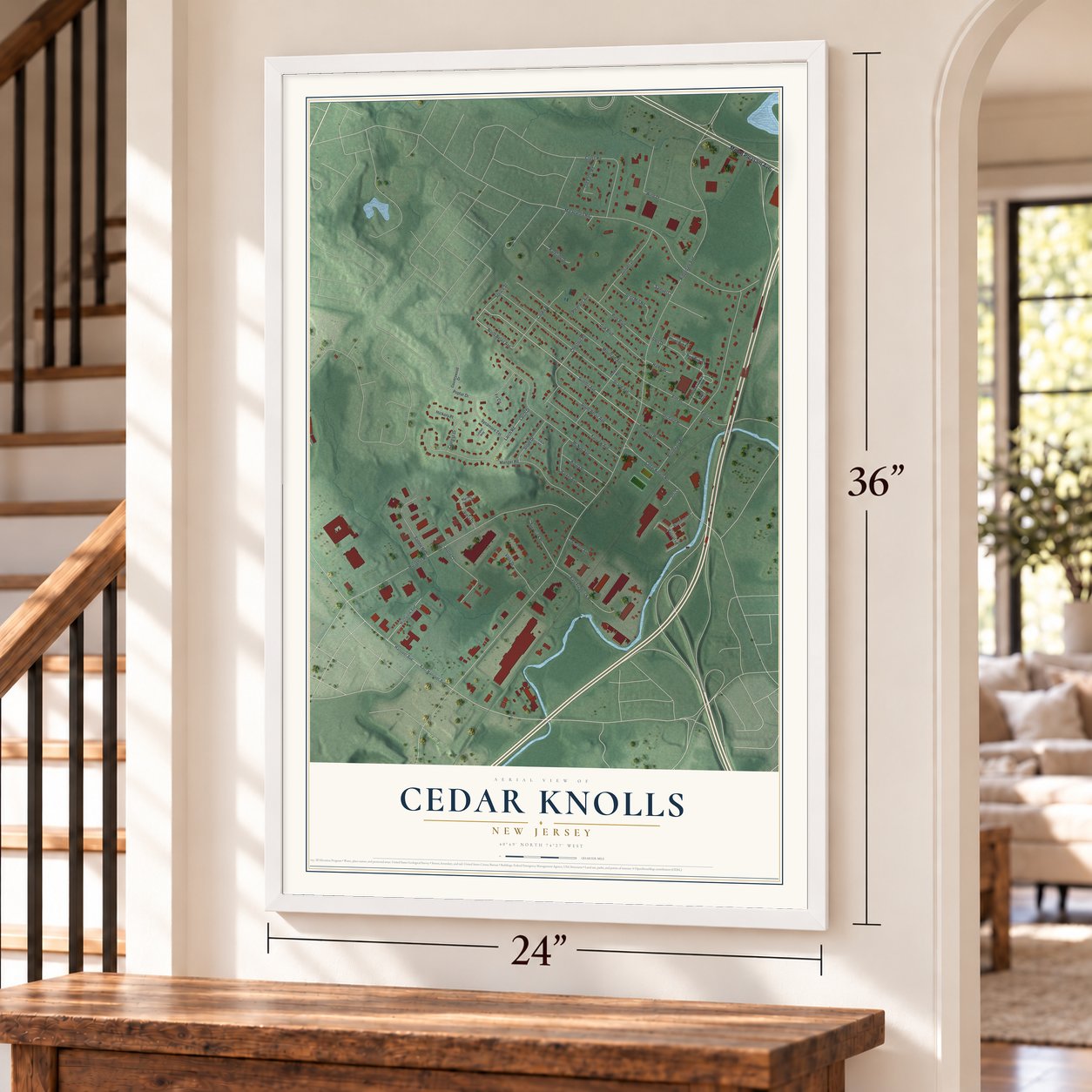 Cedar Knolls, New Jersey map, 24 x 36 inch print in a white frame by a staircase