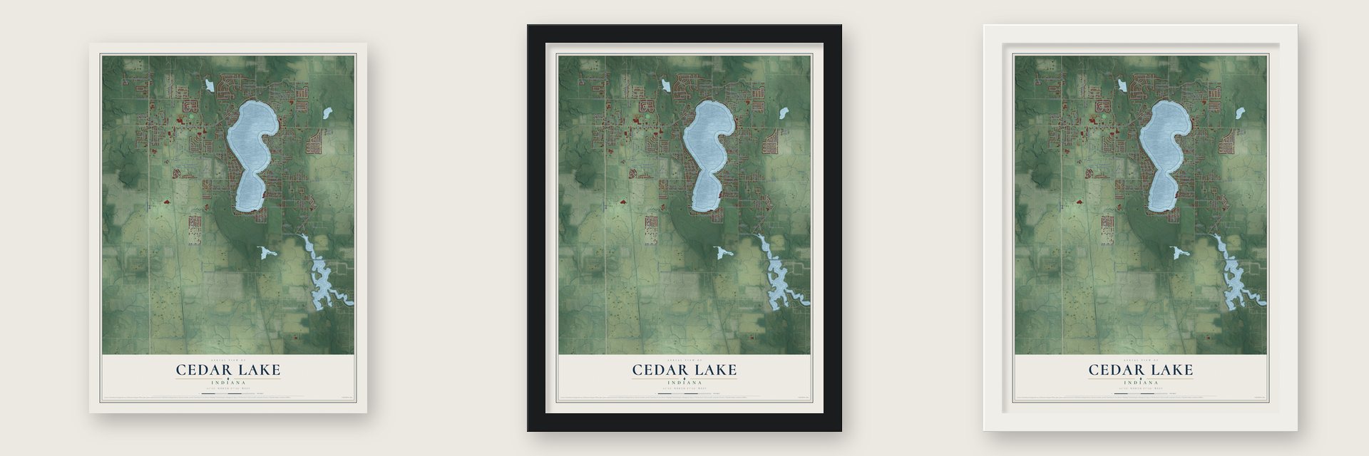 Cedar Lake, Indiana map unframed, in a black wood frame and in a white wood frame
