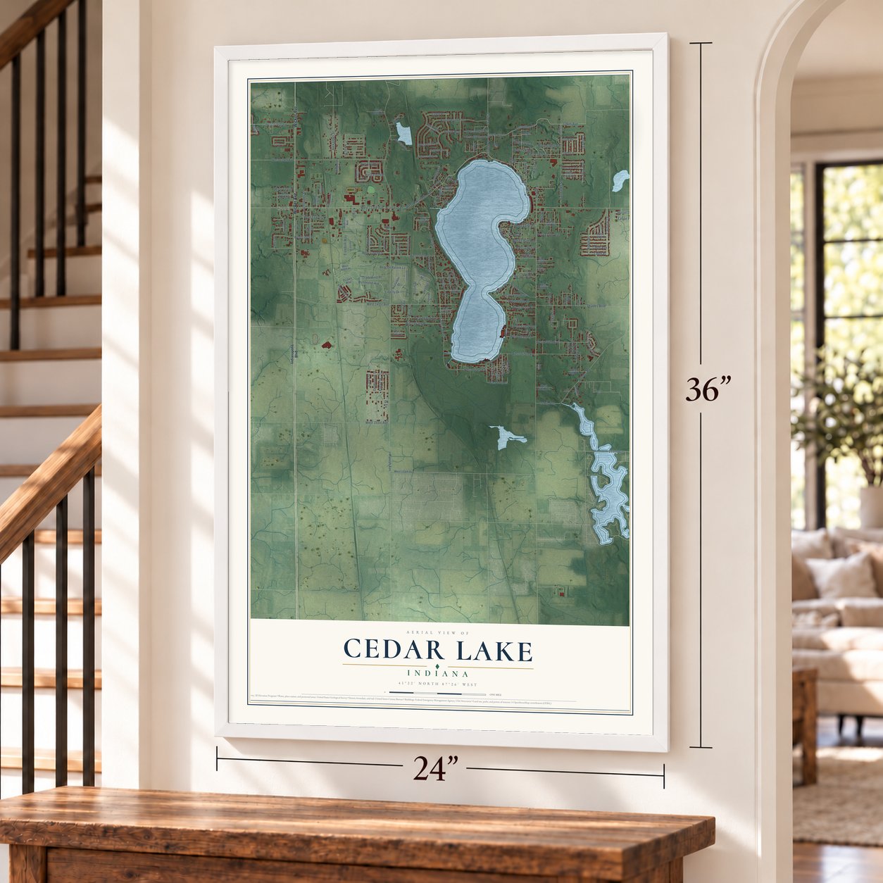 Cedar Lake, Indiana map, 24 x 36 inch print in a white frame by a staircase