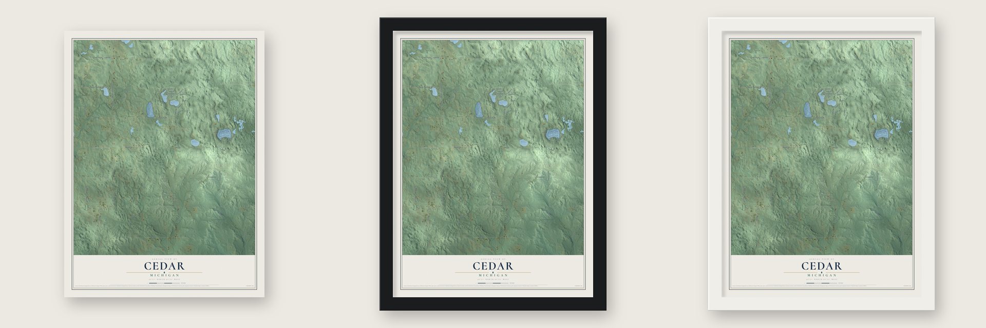 Cedar, Michigan map unframed, in a black wood frame and in a white wood frame